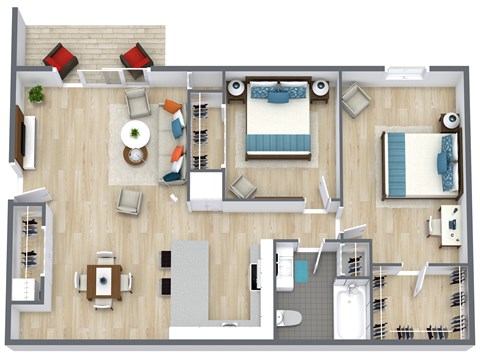 A top-down view of a well-furnished apartment with a kitchen, living room, and bathroom.